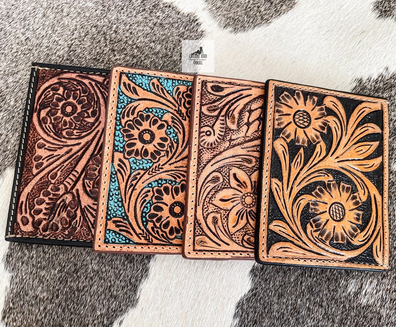 Tooled Leather Credit Card Holders, Western Wallets, Turquoise and Brown Card Holder Wallet, Floral Flower Tooled Wallet, Gift for Him & Her image 6