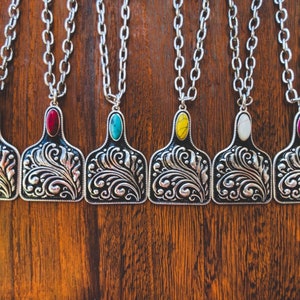 Silver Floral Cow Tag and Natural Stone Necklace | Western Jewelry| Gift for Her| Red, White, Black, Yellow, Pink Turquoise Cattle Tag