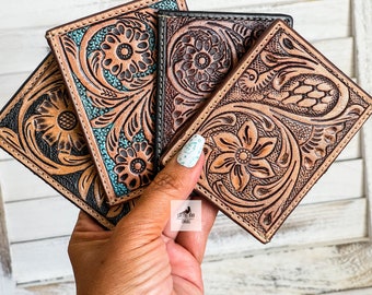 Tooled Leather Credit Card Holders, Western Wallets, Turquoise and Brown Card Holder Wallet, Floral Flower Tooled Wallet, Gift for Him & Her