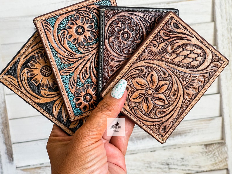 Tooled Leather Credit Card Holders, Western Wallets, Turquoise and Brown Card Holder Wallet, Floral Flower Tooled Wallet, Gift for Him & Her image 1