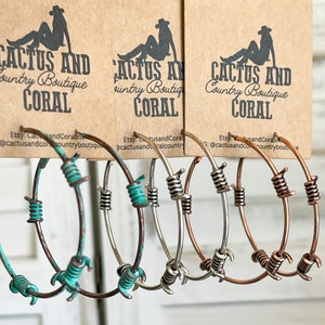 2" Barbed Wire Hoop Earrings, Western Jewelry, Western Earrings, Silver Copper or Turquoise Patina, Southwestern Earrings, Punchy Cowgirl