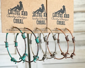 2&quot; Barbed Wire Hoop Earrings, Western Jewelry, Western Earrings, Silver Copper or Turquoise Patina, Southwestern Earrings, Punchy Cowgirl