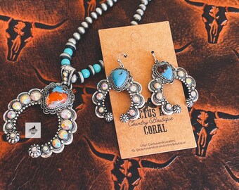 Turquoise Ocean Jasper Naja Necklace or Earrings, Western Jewelry, Southwestern Jewelry, AB Rhinestone Conchos, Orange Brown Blue Stone