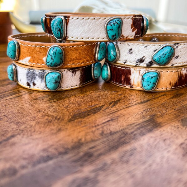 Bracelet manchette en cuir de vache turquoise et véritable