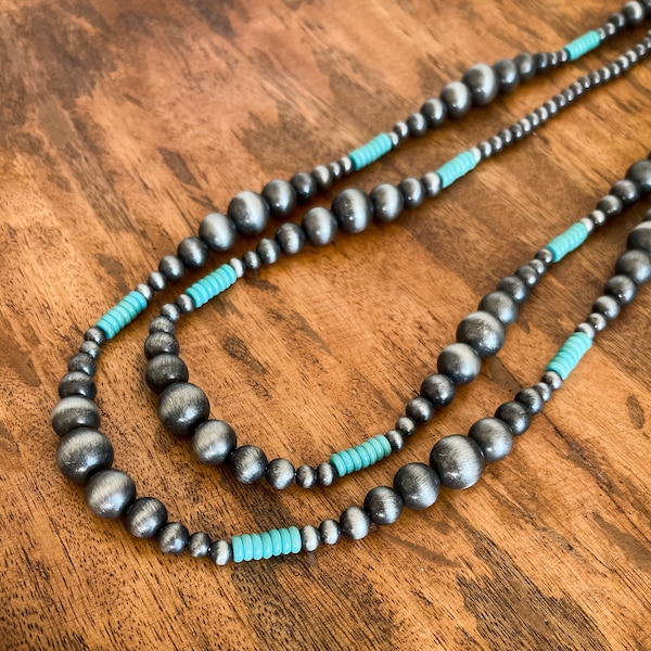 60 Inch Navajo Style Pearl and Turquoise Beaded Necklace, Western Jewelry, Extra Long Navajo Pearl Necklace, Southwestern Santa Fe Jewelry