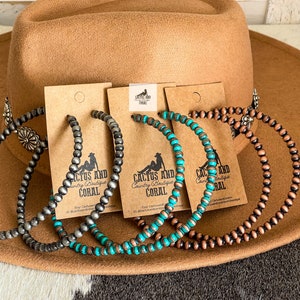 4" Navajo Style Pearl and Hoop Earrings, Western Jewelry, Western Earrings, Southwestern Beaded Dangle Drop Earrings, Copper Turquoise