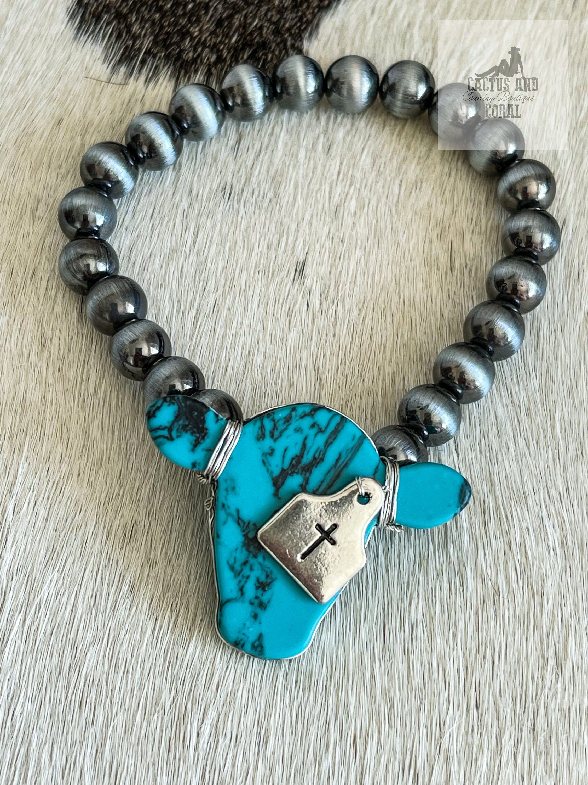 Navajo Style Pearl and Turquoise Cow Head Stone Bracelet, Western Jewelry, Western Bracelet, Southwestern Bracelet, Cattle Tag Cross Charm