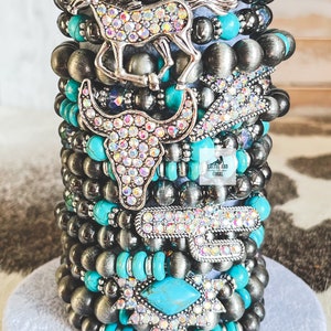 Turquoise and Navajo Pearl Stackable Bracelets, AB Rhinestone Western Stretch Bracelets, Longhorn, Cactus, Lightning Bolt, Horse or Aztec image 2