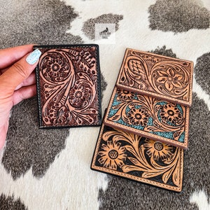 Tooled Leather Credit Card Holders, Western Wallets, Turquoise and Brown Card Holder Wallet, Floral Flower Tooled Wallet, Gift for Him & Her image 5
