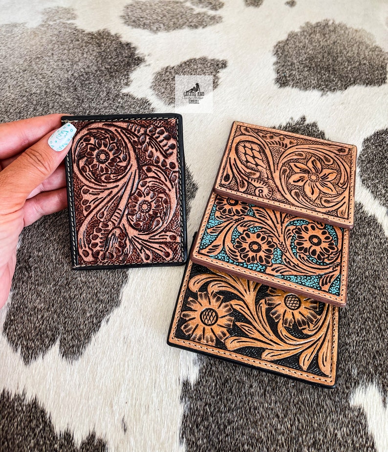 Tooled Leather Credit Card Holders, Western Wallets, Turquoise and Brown Card Holder Wallet, Floral Flower Tooled Wallet, Gift for Him & Her image 5