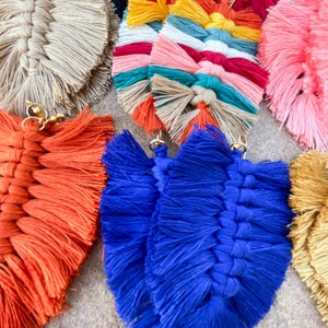 Macramé Fringe Tassel Earrings Leaf Feather Western Boho Bohemian Big Large Lightweight Handmade Statement Jewelry Solid Multicolor image 2