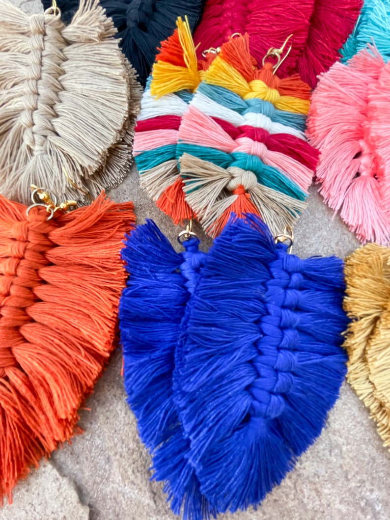 Macramé Fringe Tassel Earrings Leaf Feather Western Boho Bohemian Big Large Lightweight Handmade Statement Jewelry Solid Multicolor image 2