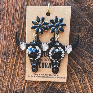 Black on Black Longhorn Rhinestone Earrings| Edgy and Punchy Western Fashion| Southwestern Jewelry| Sunflower Dangle Statement Earrings