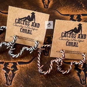 1.5" Barbed Wire Heart Hoop Earrings, Western Jewelry, Western Earrings, Silver Copper or Turquoise Patina, Southwestern Earrings, Punchy