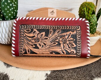 Red and Brown Leather Wallet, Western Womens Wallet, Wallets for Women, Large Wallet, Tooled Wallet, Leather Accessories, Flower Wallet