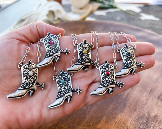 Cowgirls and Cowboys Silver Boots and Spurs Necklace| Comes in Black, Pink, Red, Turquoise, White or Yellow