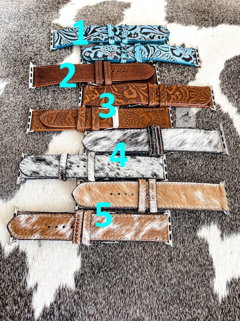 Leather Cowhide Watch Band, Tooled Leather Watch Strap, Western Watch Band, Unisex Mens Womens Watch bands, Brown Black White Turquoise Band image 2