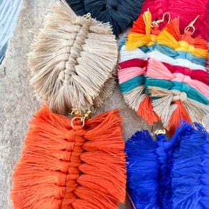 Macramé Fringe Tassel Earrings Leaf Feather Western Boho Bohemian Big Large Lightweight Handmade Statement Jewelry Solid Multicolor image 3