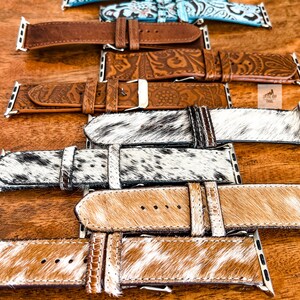 Leather Cowhide Watch Band, Tooled Leather Watch Strap, Western Watch Band, Unisex Mens Womens Watch bands, Brown Black White Turquoise Band image 3