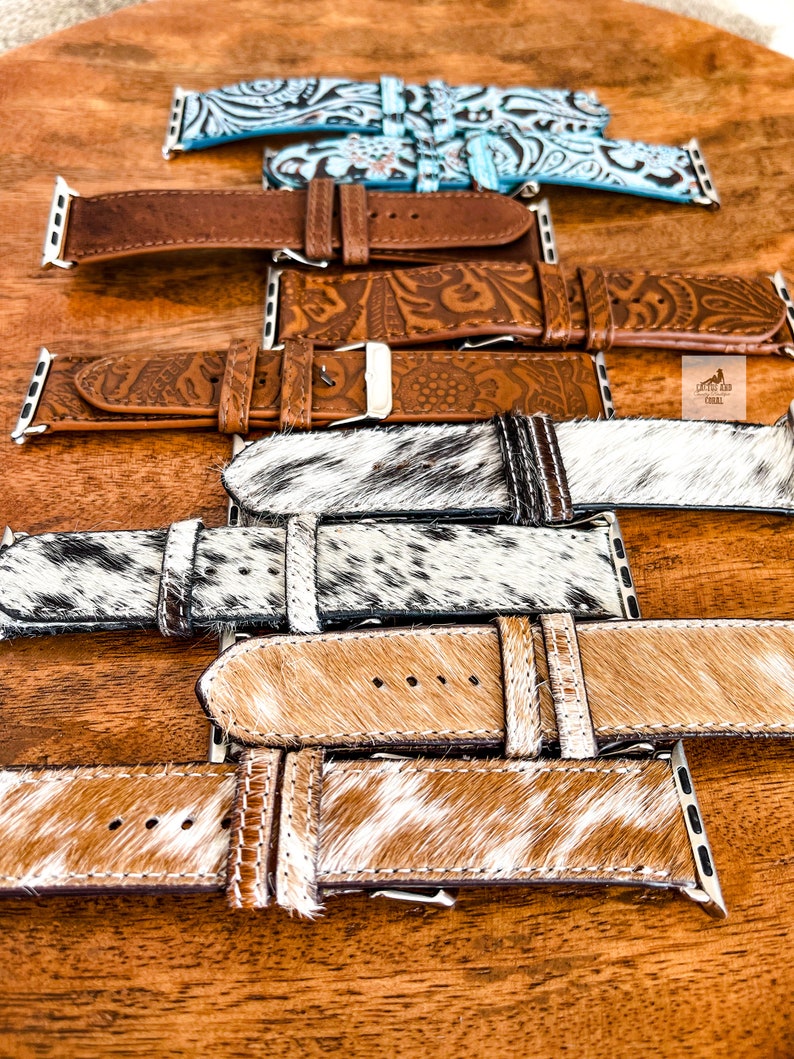 Leather Cowhide Watch Band, Tooled Leather Watch Strap, Western Watch Band, Unisex Mens Womens Watch bands, Brown Black White Turquoise Band image 3