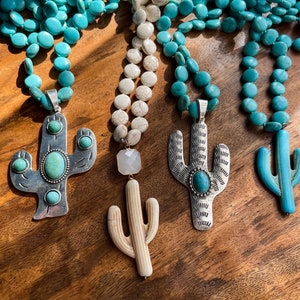 Saguaro Cactus Necklace| Western Boho Jewelry|  Southwestern Rodeo Style Pendant| Cowgirl Bling| Turquoise White Silver| Cactus Lover Gift