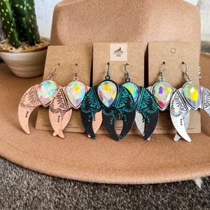 Iridescent Rhinestone Squash Blossom Earrings, Western Jewelry, Aztec Jewelry, Southwestern Jewelry, Large Dangle Drop Statement Earrings image 1