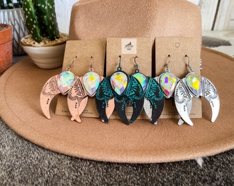 Iridescent Rhinestone Squash Blossom Earrings, Western Jewelry, Aztec Jewelry, Southwestern Jewelry, Large Dangle Drop Statement Earrings