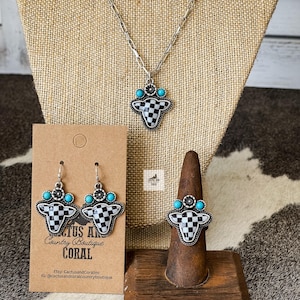 Checkered Western Cow Head and Turquoise Necklace Earrings Ring , Silver Steer Cattle Tag, Western Jewelry, Farm Life, Gift for Cow Lover