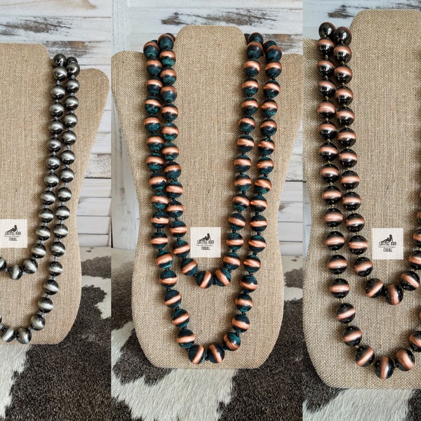 Extra Extra Large 60 Inch Navajo Pearl Beaded Necklace, Silver Copper or Turquoise Patina Southwestern Jewelry, Western Jewelry, NFR Fashion