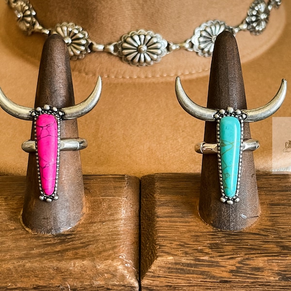 Longhorn Steer Cow Head Stretch Ring, Western Ring, Western Jewelry, Turquoise or Pink Stone Bull Skull Ring, Statement Ring, Silver Ring