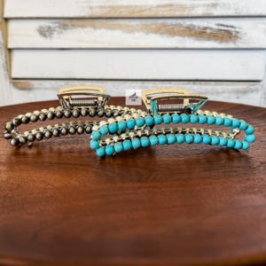 Western Turquoise Stone or Navajo Style Pearl Hair Claw, Silver Hair Barrette, Southwestern Hair Accessories, Thick Hair Bar Claw Clip
