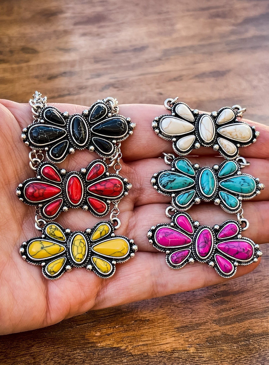 Small Butterfly Squash Blossom and Natural Stone Necklace Western Jewelry Gift for Her Red