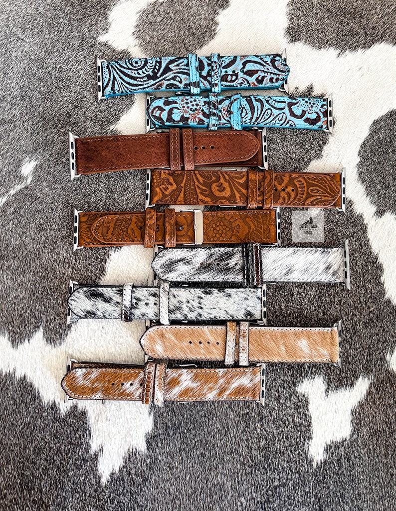 Leather Cowhide Watch Band, Tooled Leather Watch Strap, Western Watch Band, Unisex Mens Womens Watch bands, Brown Black White Turquoise Band image 1