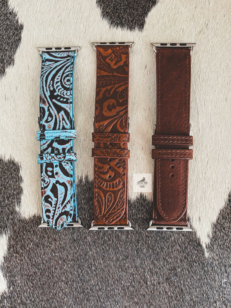 Leather Cowhide Watch Band, Tooled Leather Watch Strap, Western Watch Band, Unisex Mens Womens Watch bands, Brown Black White Turquoise Band image 4