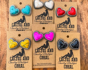 Cute Western Stone Heart Stud Earrings