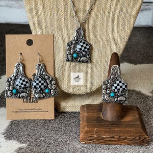 Kariertes Western Spade Gürteltier Türkis Halskette Ohrringe Ring Set, südwestlichen Kaktus, Western Schmuck, schwarz weiß Schachbrett