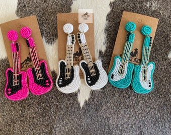 Beaded Guitar Earrings, Seed Bead Earrings, Western Jewelry, Western Earrings, NFR Rodeo Fashion, Gift for Music Guitar Lover, Punchy Cute