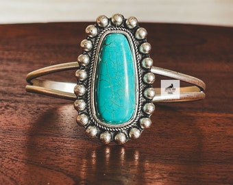 Turquoise Bracelet, Western Boho Jewelry, Southwestern Jewelry, Adjustable Silver Studded Oval Bangle, Arrow C Cuff Bracelet, Gift for Her