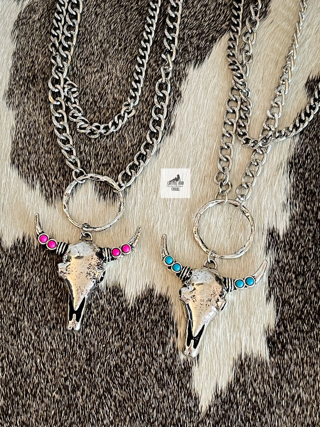 Double Layer Longhorn Necklace, Western Jewelry, Western Necklace, Bull