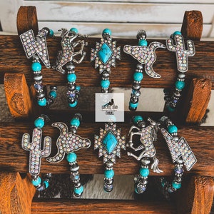 Turquoise and Navajo Pearl Stackable Bracelets, AB Rhinestone Western Stretch Bracelets, Longhorn, Cactus, Lightning Bolt, Horse or Aztec image 5