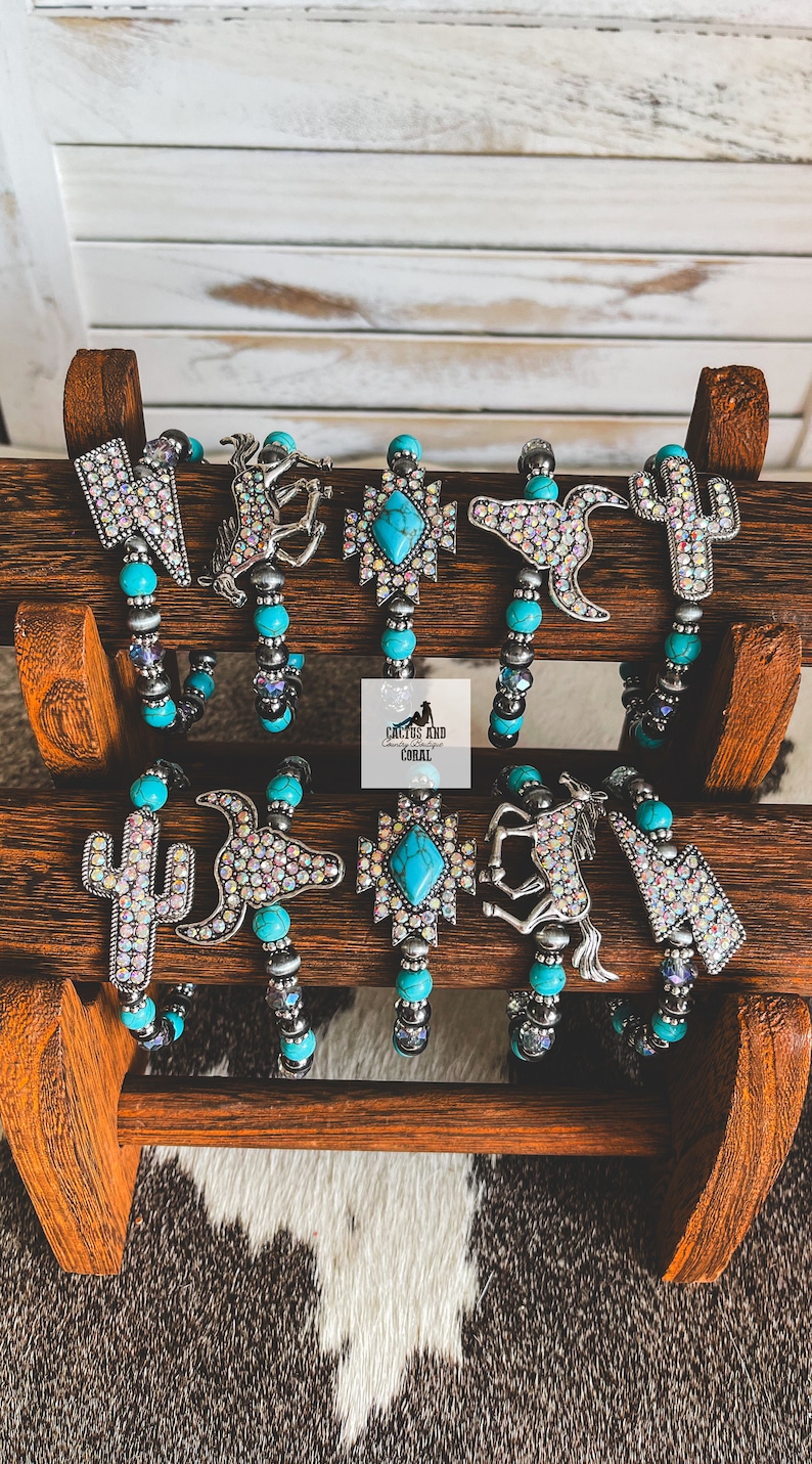 Turquoise and Navajo Pearl Stackable Bracelets, AB Rhinestone Western Stretch Bracelets, Longhorn, Cactus, Lightning Bolt, Horse or Aztec image 5