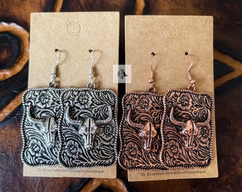 Pendientes grandes con forma de cuerno largo y borde de cuerda, joyería occidental, pendientes occidentales, pendientes con forma de cabeza de vaca y cráneo de toro, estilo suroeste
