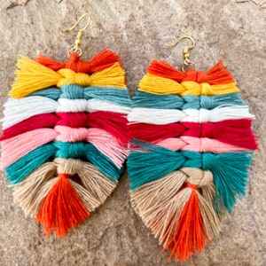 Macramé Fringe Tassel Earrings Leaf Feather Western Boho Bohemian Big Large Lightweight Handmade Statement Jewelry Solid Multicolor image 4