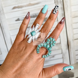 Turquoise and Silver Western Aztec Statement Ring, Adjustable Southwestern Cuff Ring, Punchy Western Jewelry, NFR Rodeo Fashion Outfits