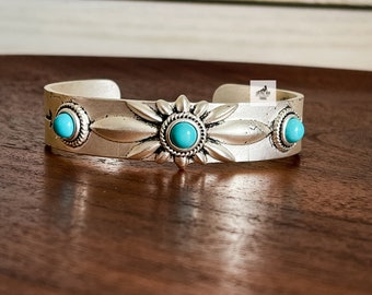 Turquoise Sunburst Cuff Bracelet, Western Jewelry, Western C Cuff Star Bangle, Burnished Silver Blue Cuff Bracelet,  Adjustable Stone C Cuff