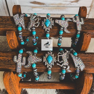 Turquoise and Navajo Pearl Stackable Bracelets, AB Rhinestone Western Stretch Bracelets, Longhorn, Cactus, Lightning Bolt, Horse or Aztec image 4