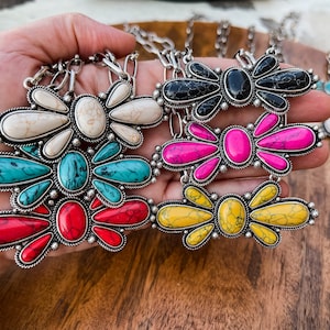 Large Butterfly Squash Blossom and Natural Stone Necklace| Western Jewelry| Gift for Her| Red, White, Black, Yellow, Pink and Turquoise