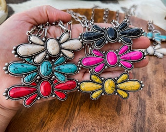 Large Butterfly Squash Blossom and Natural Stone Necklace| Western Jewelry| Gift for Her| Red, White, Black, Yellow, Pink and Turquoise