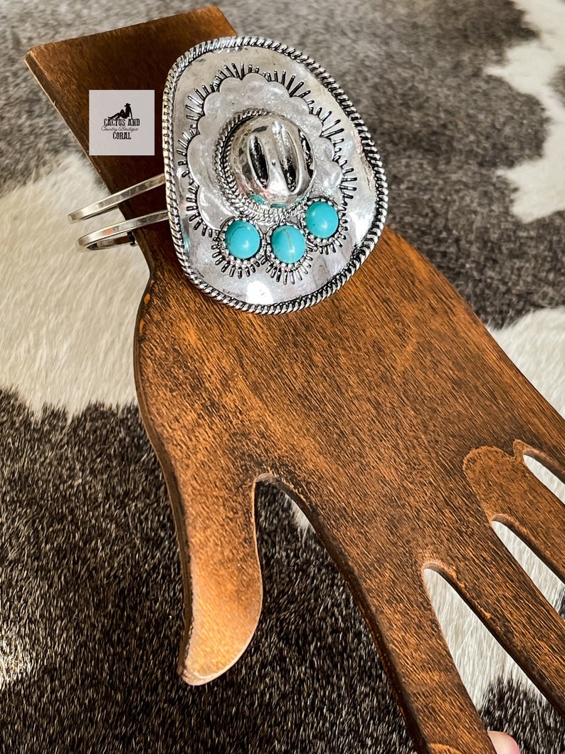 Big Western Cowboy Hat Cuff Bracelet, Turquoise and Silver Sombrero Bracelet, Southwestern Jewelry, Statement Jewelry, Silver Aztec Jewelry image 1