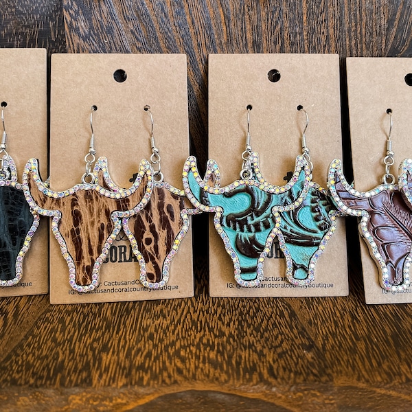 Pendientes de pedrería de cuero con herramientas Longhorn, joyería occidental, pendientes de vaca de cuero, pendientes de novillo de cráneo de toro, regalo para ganadero